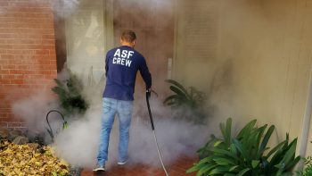 man cleans with a chemical free hot pressure washer